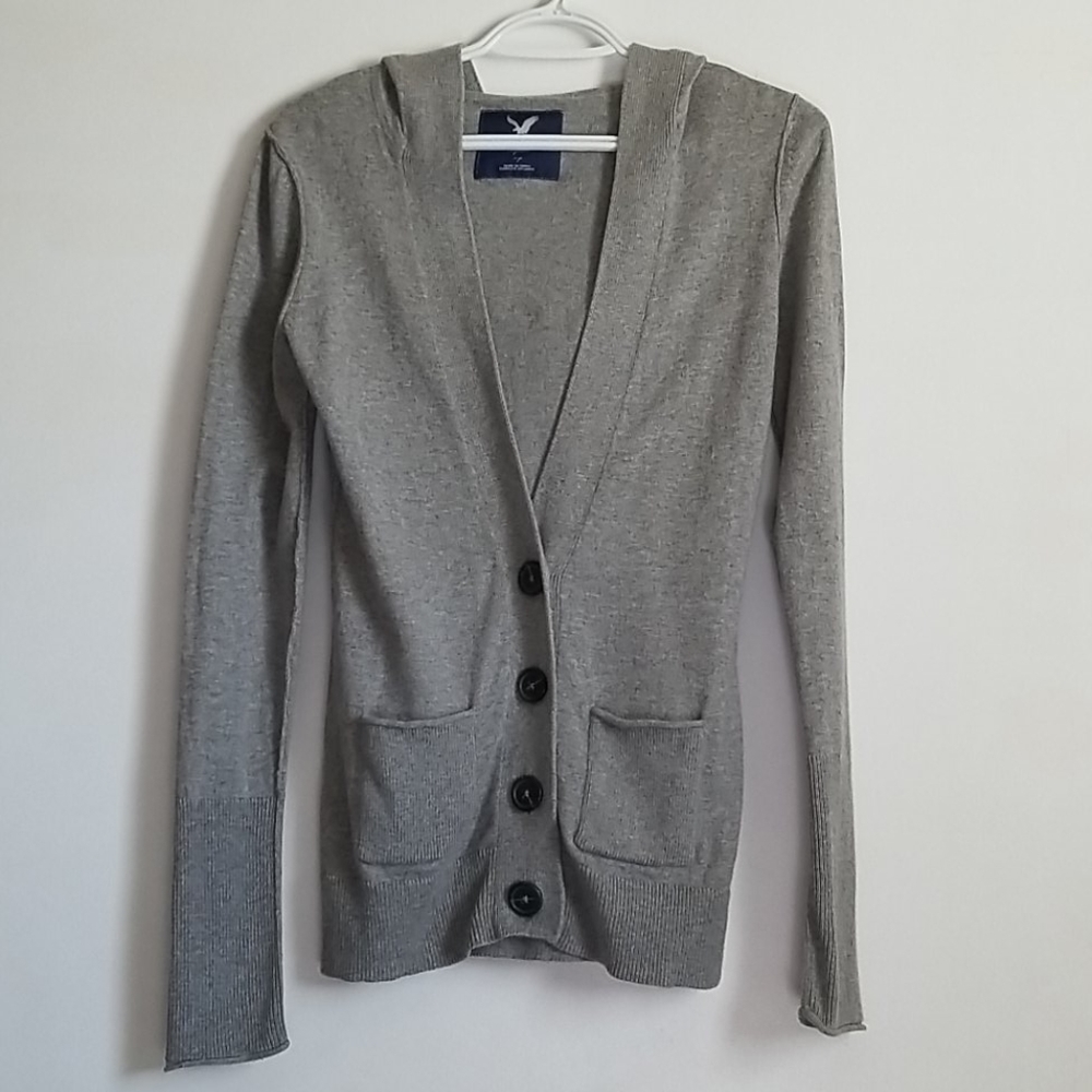 American Eagle Gray Button Front Hooded Cardigan - image 1